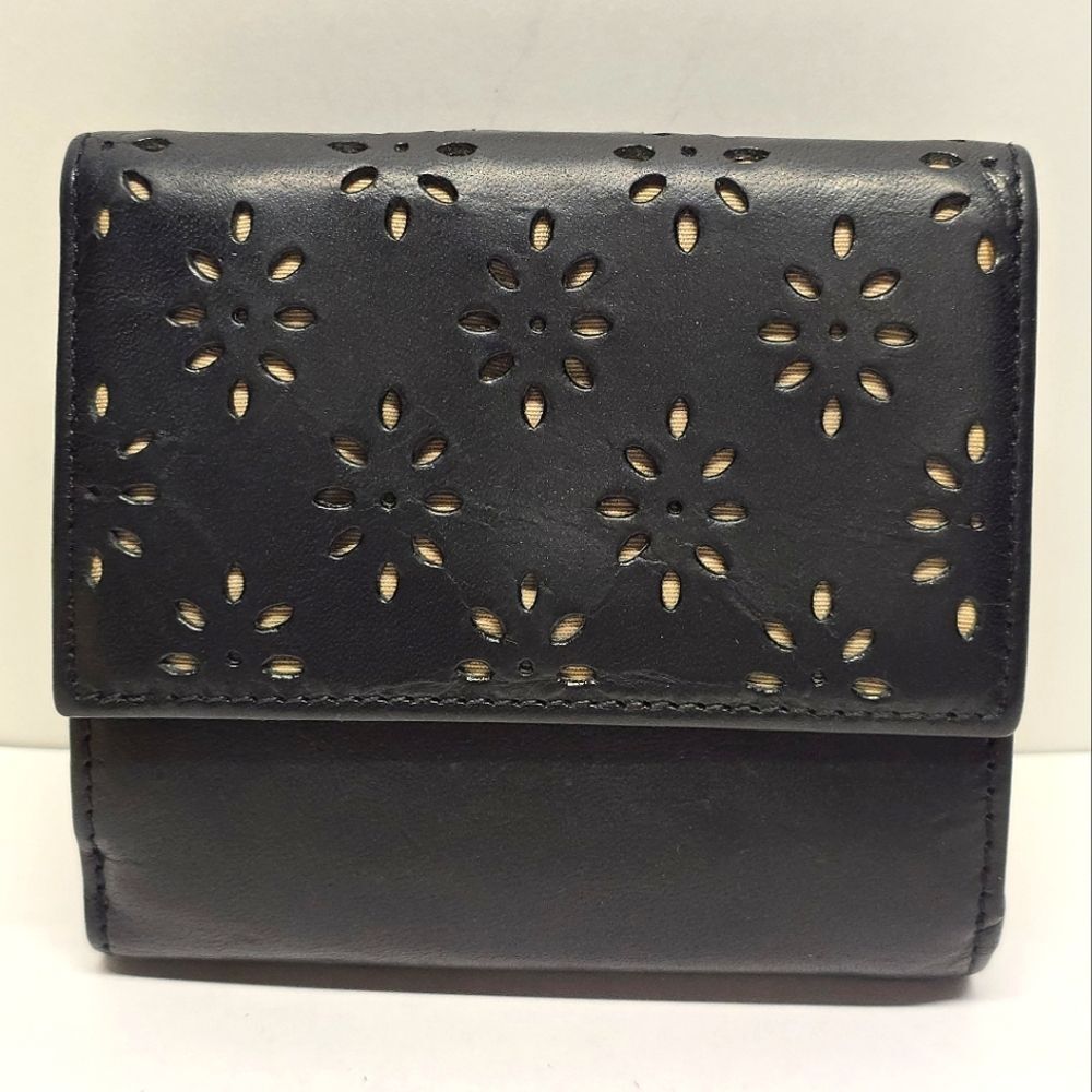 Ralph Lauren Black Genuine Leather Floral Eyelets Bifold Wallet